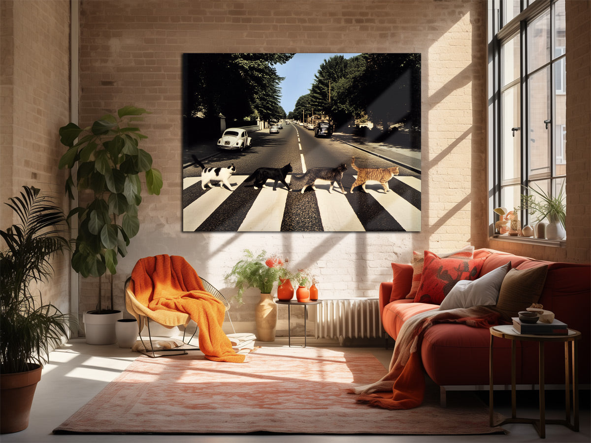 Lustiges Katzenbild im Stil des Plattencovers "Abbey Road" von den Beatles