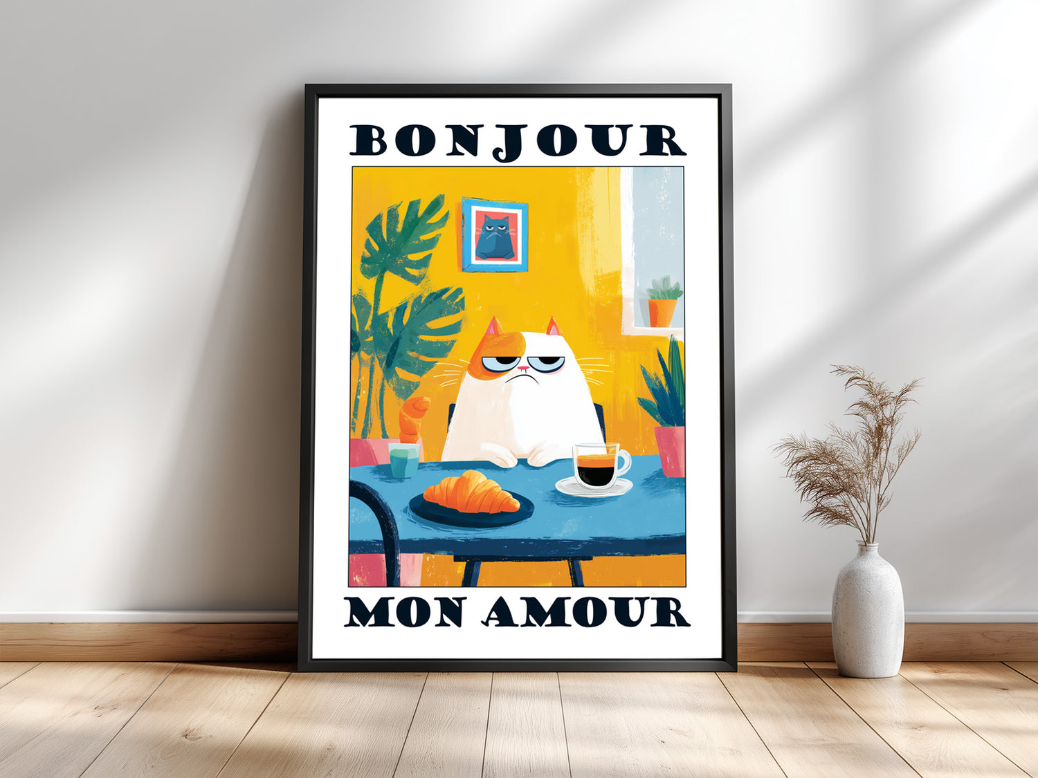Bonjour Mon Amour — Witziges Katzenposter für die Küche