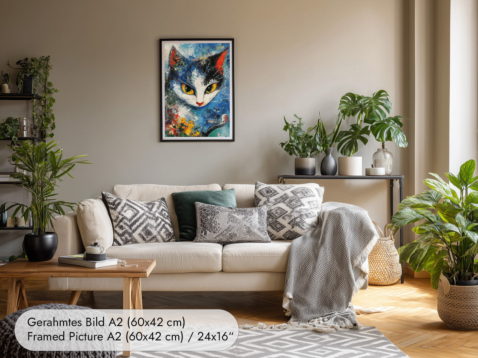Schwarz-Weisse Katze im Stil von Chagall