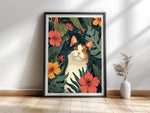 Flora — Botanisches Katzenposter mit tropischen Blumen