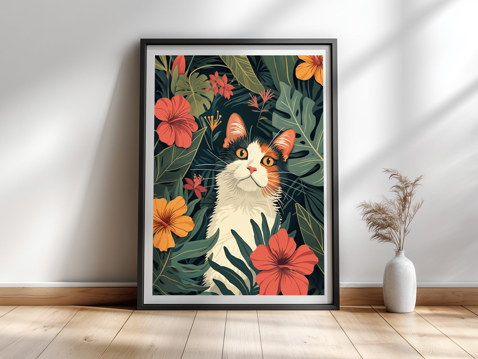 Flora — Botanisches Katzenposter mit tropischen Blumen