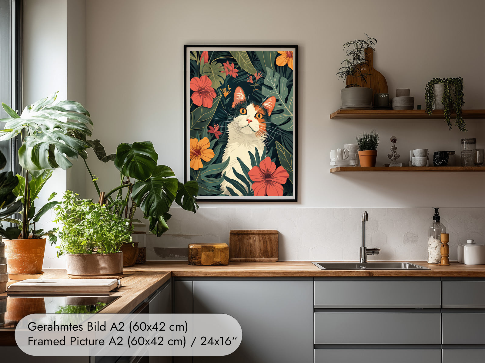 Gerahmtes Bild Katze mit Blumen