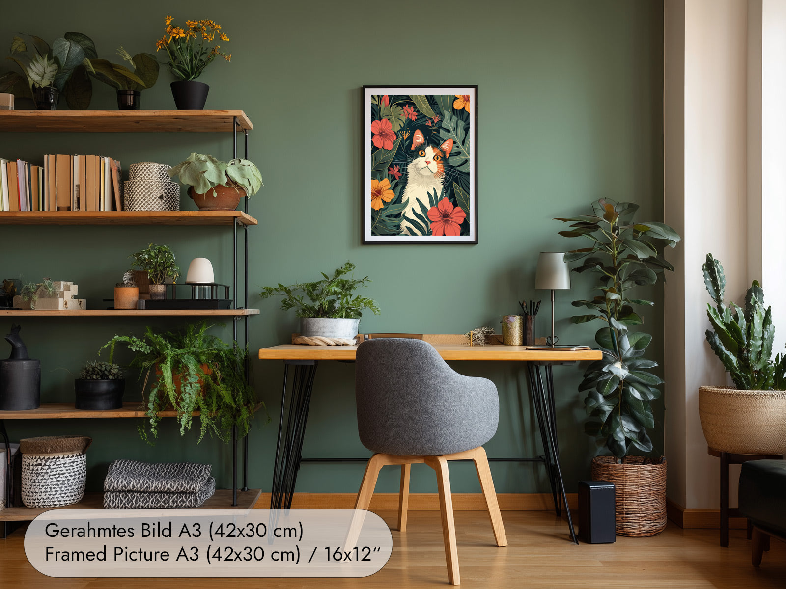 Botanisches Wandbild mit Katze