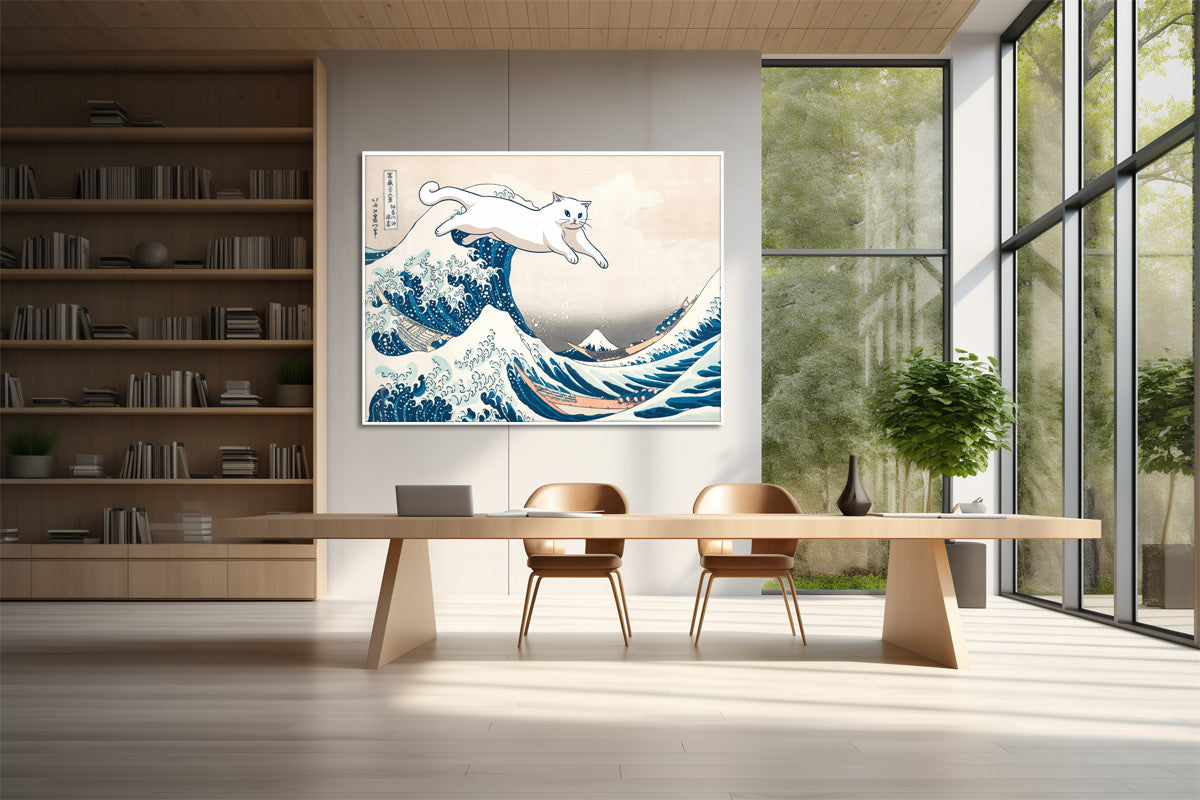 Witziges Katzenbild im Stil von Hokusai