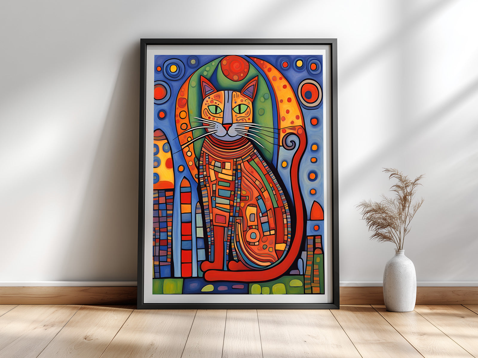 Hundertwasser-Katze — Farbenfrohes Katzenportrait im Hundertwasser-Stil