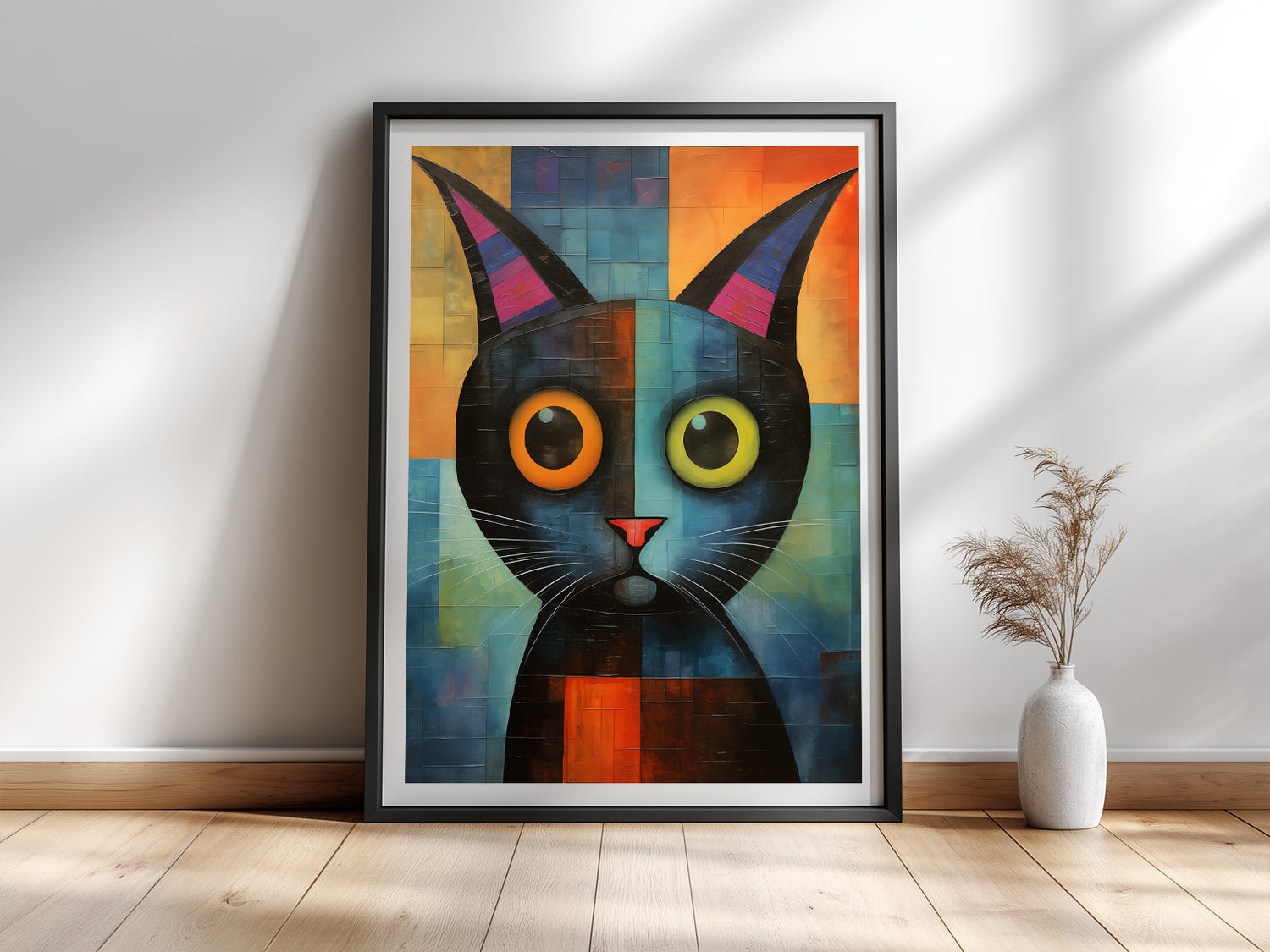 Verspielte Seele - Buntes Katzenportrait im Stil von Paul Klee