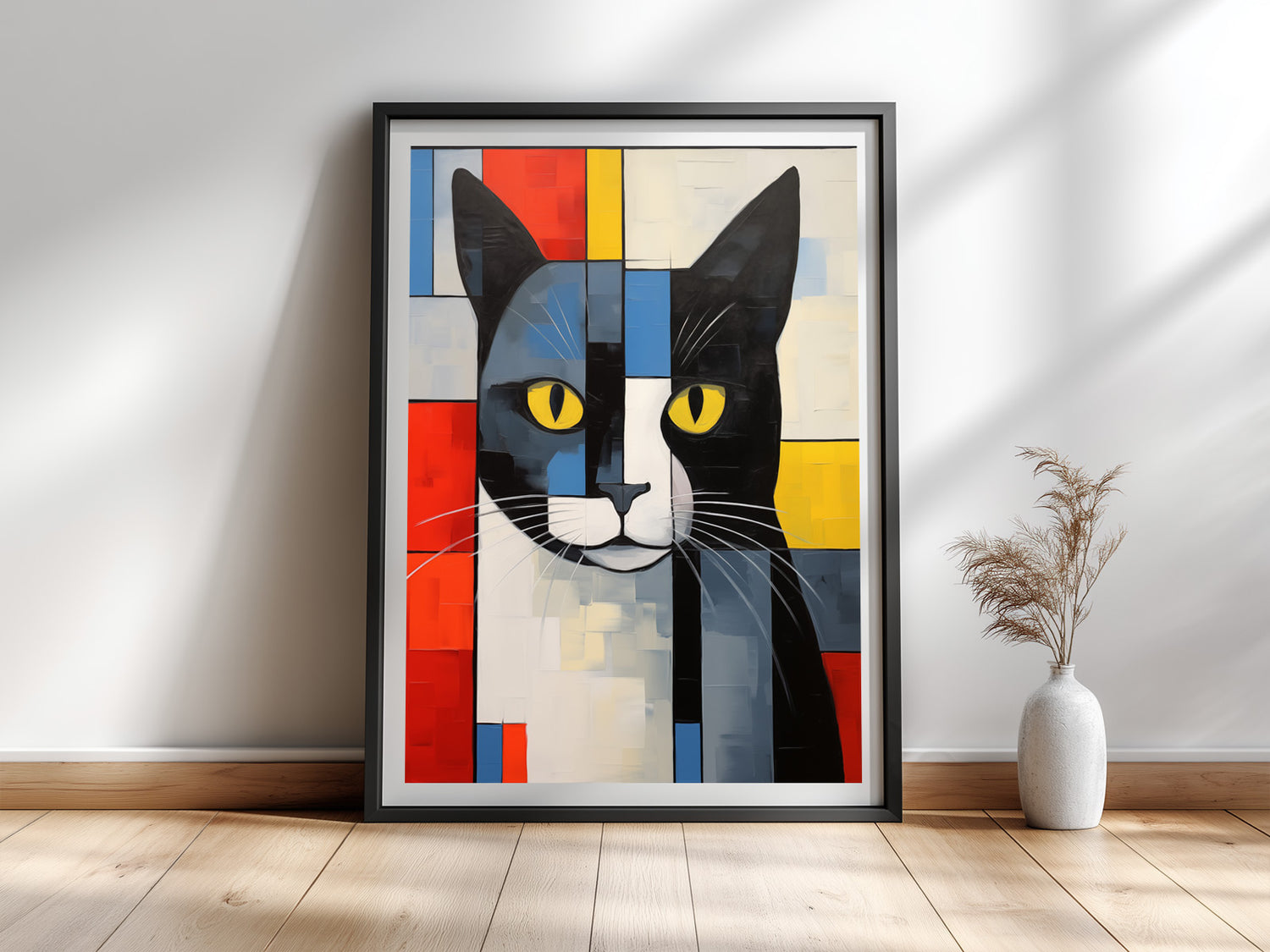 Mondri-Katze — Abstrakt Katzenportrait im Stil von Piet Mondrian