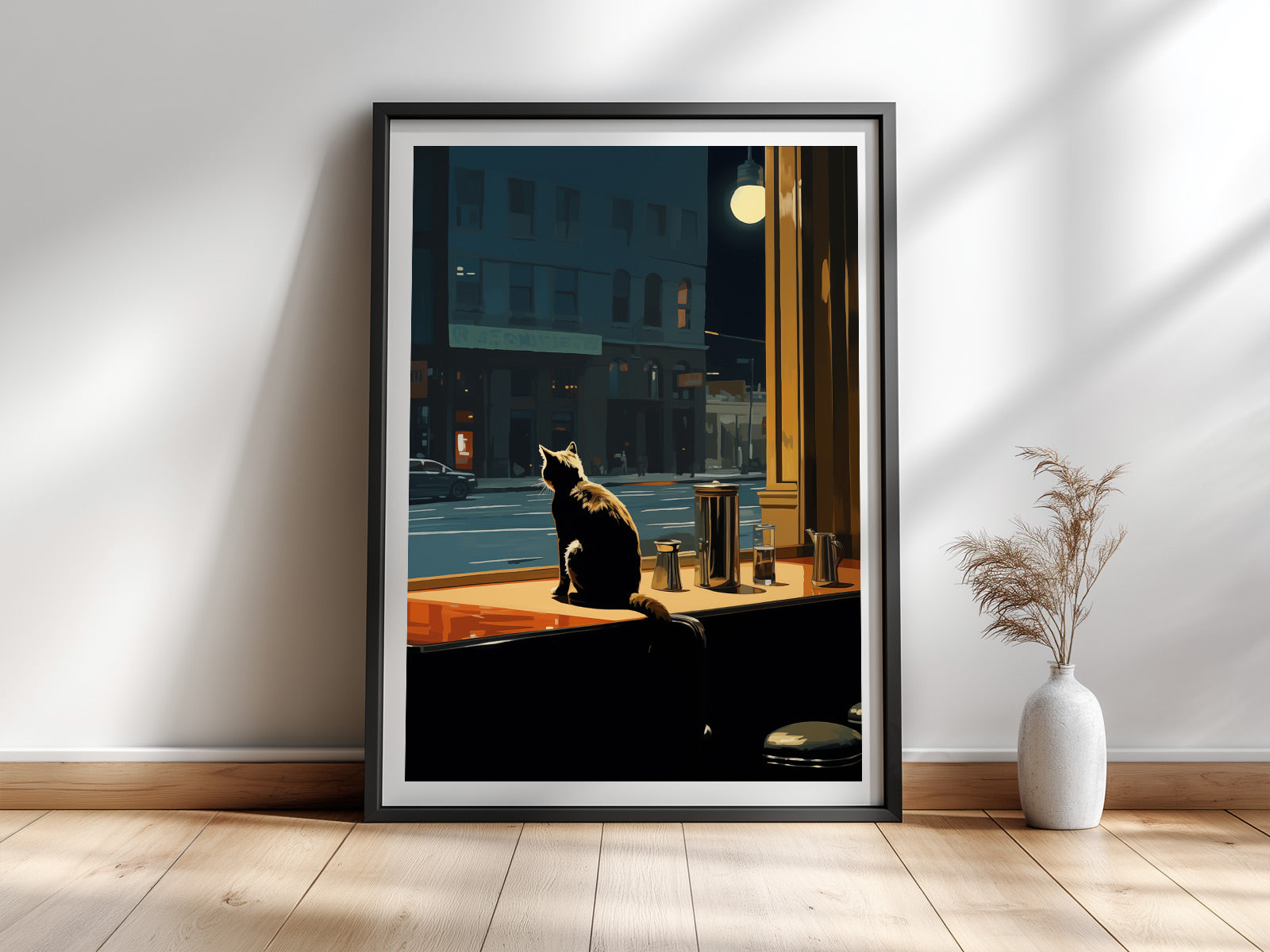 Nighthawks — Katzen-Kunstdruck im Stil von Edward Hopper