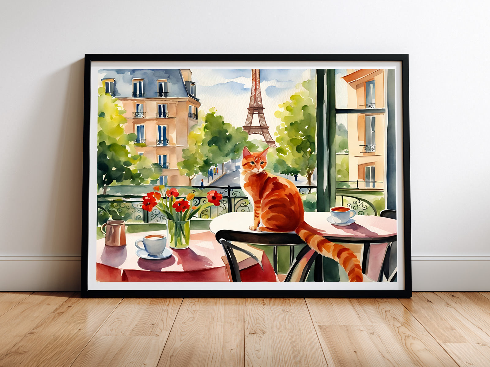 Paris im Frühling — Katzenposter Aquarell Eiffelturm Café