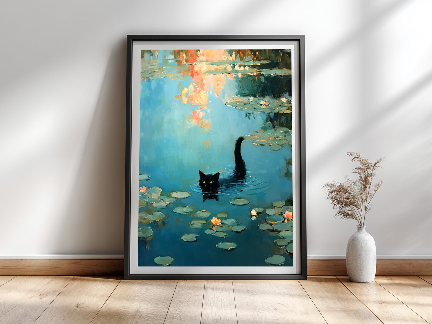 Seerosen mit Katze — Kunstdruck im Stil von Claude Monet