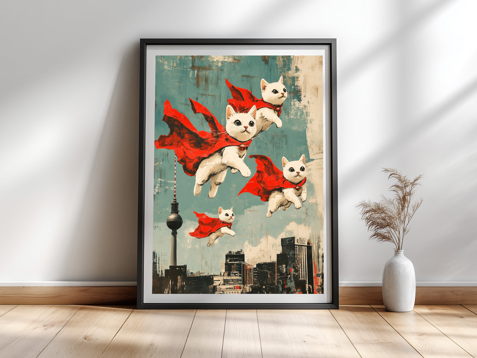 Superkatzen über Berlin — Witziges Katzenposter Berliner Skyline