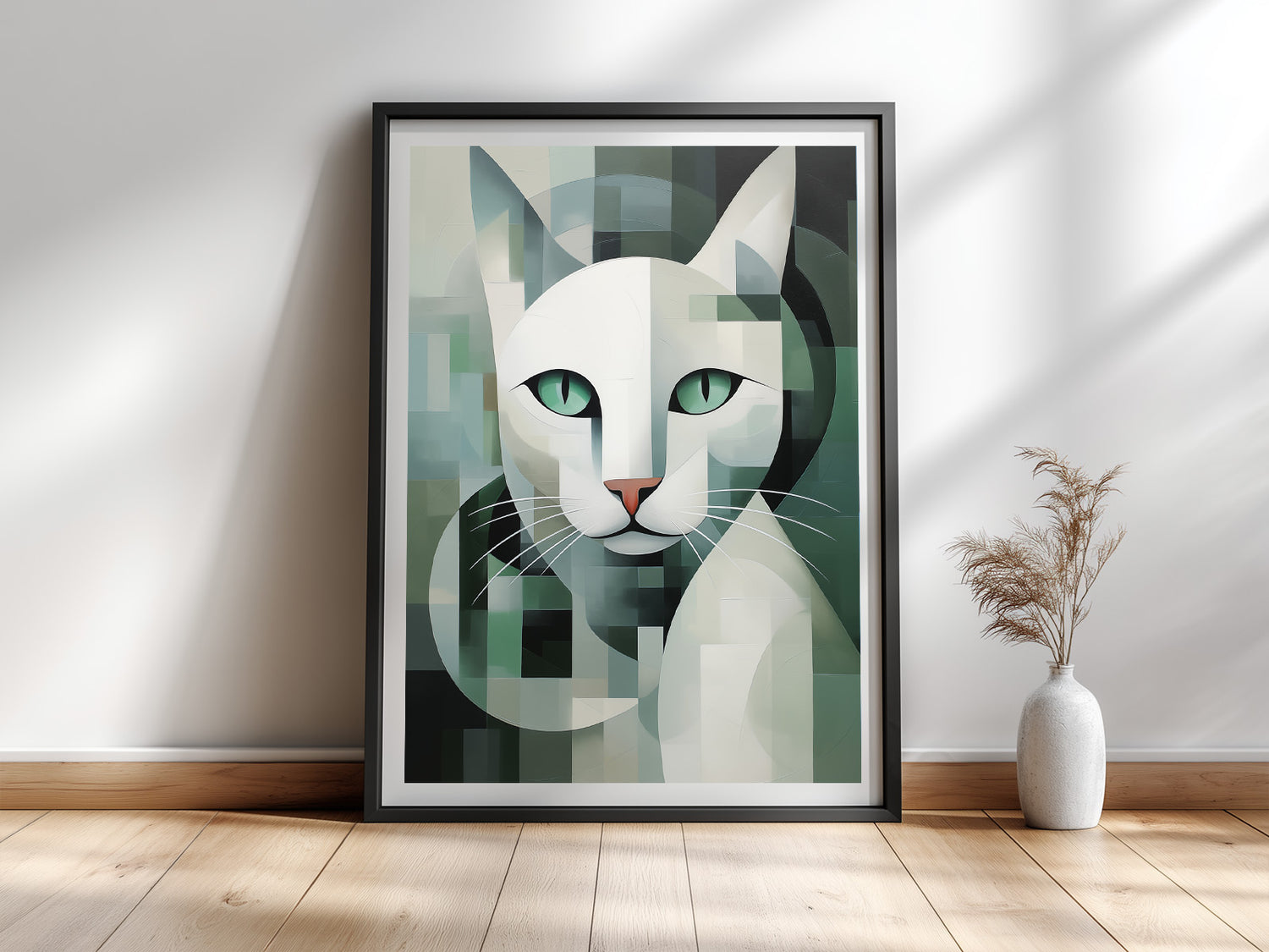 Weiße Katze — Kubistisches Katzenportrait Kunstdruck