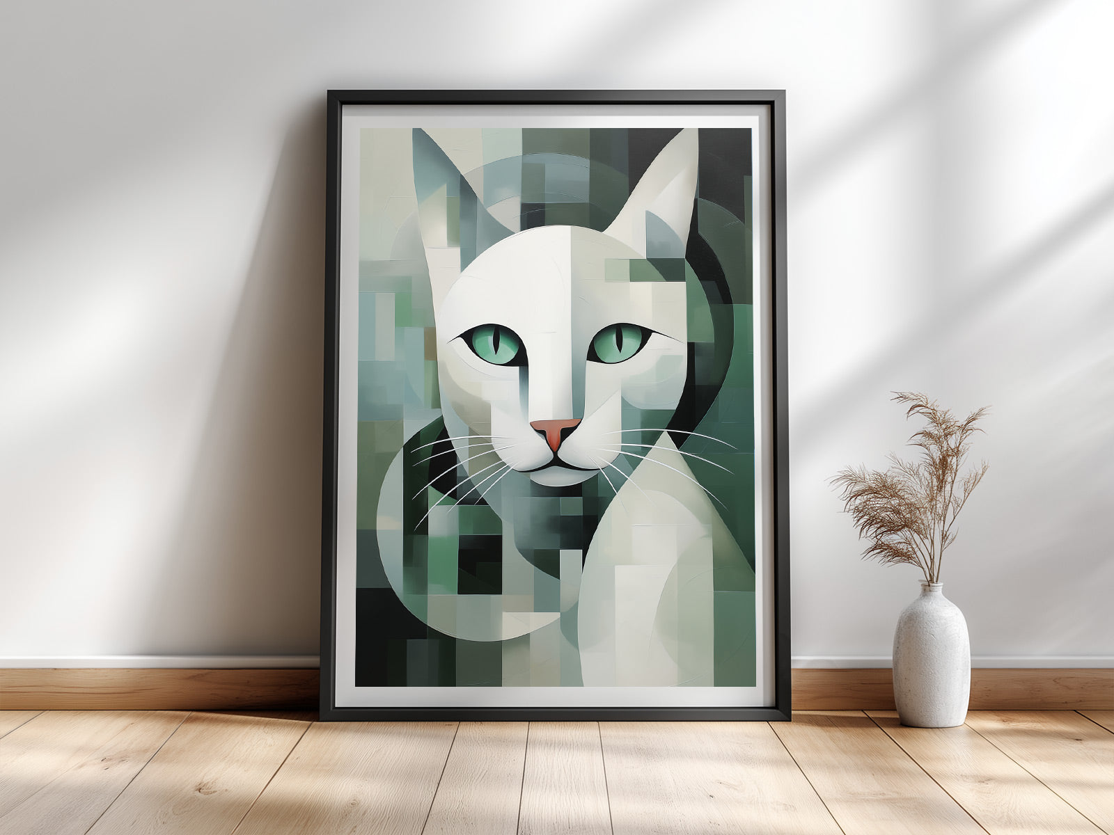 Weiße Katze — Kubistisches Katzenportrait Kunstdruck