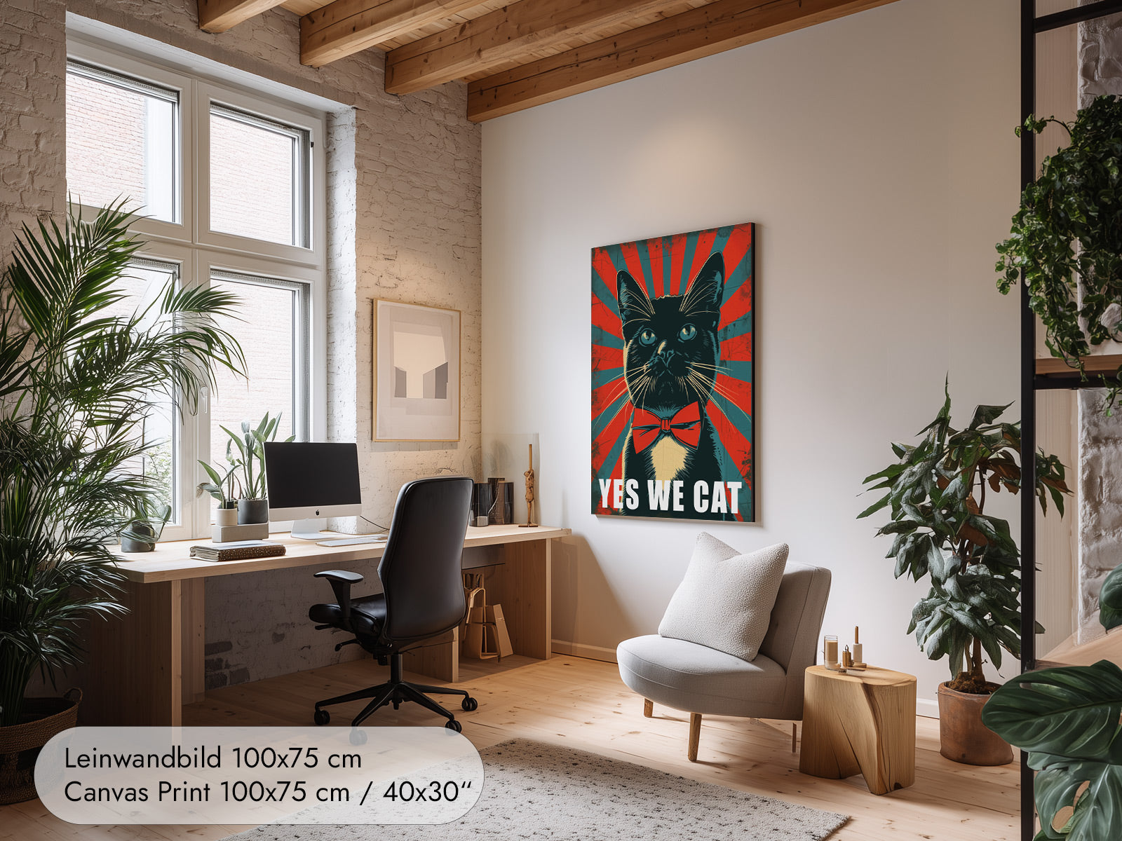 Yes We Cat — Pop Art Katzenposter Tuxedo-Katze mit Fliege